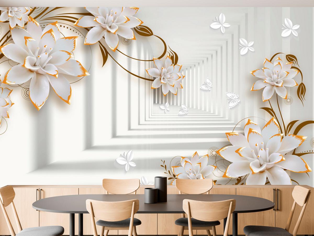 FOTOTAPETE für Wohnzimmer Abstrakter Blumen Tunnel Schmetterlinge 500x350 - Beige/Orange, Papier (500/350cm) - Muralo