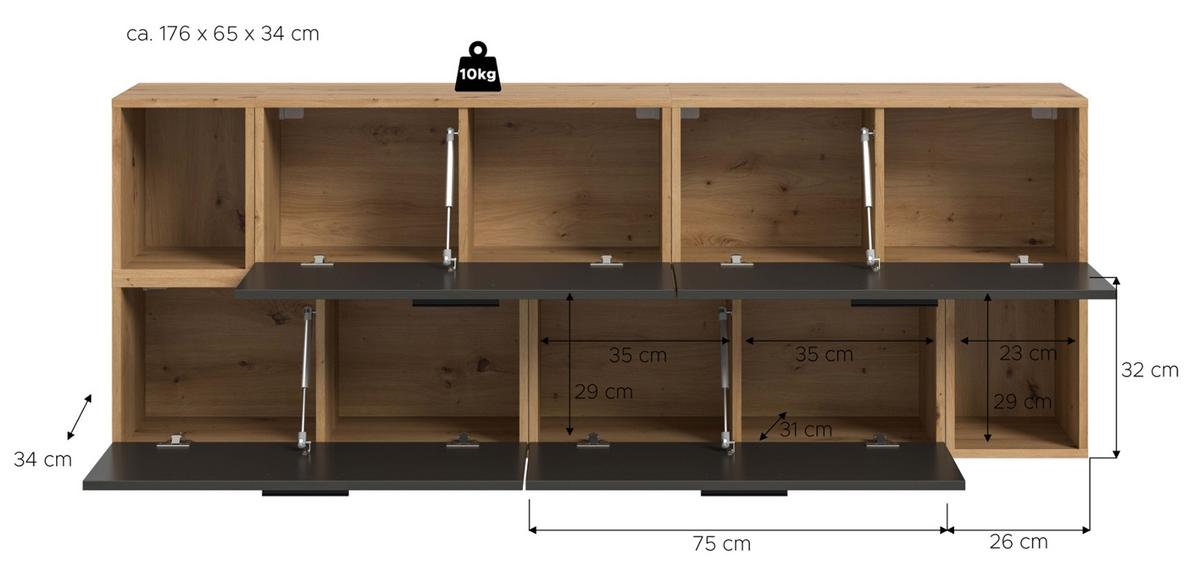SIDEBOARD grau, Eiche Artisan 176 cm, Kommode hängend / stehend - Schwarz/Eiche Artisan, Holzwerkstoff/Kunststoff (176/65/34cm) - Inn.Furn