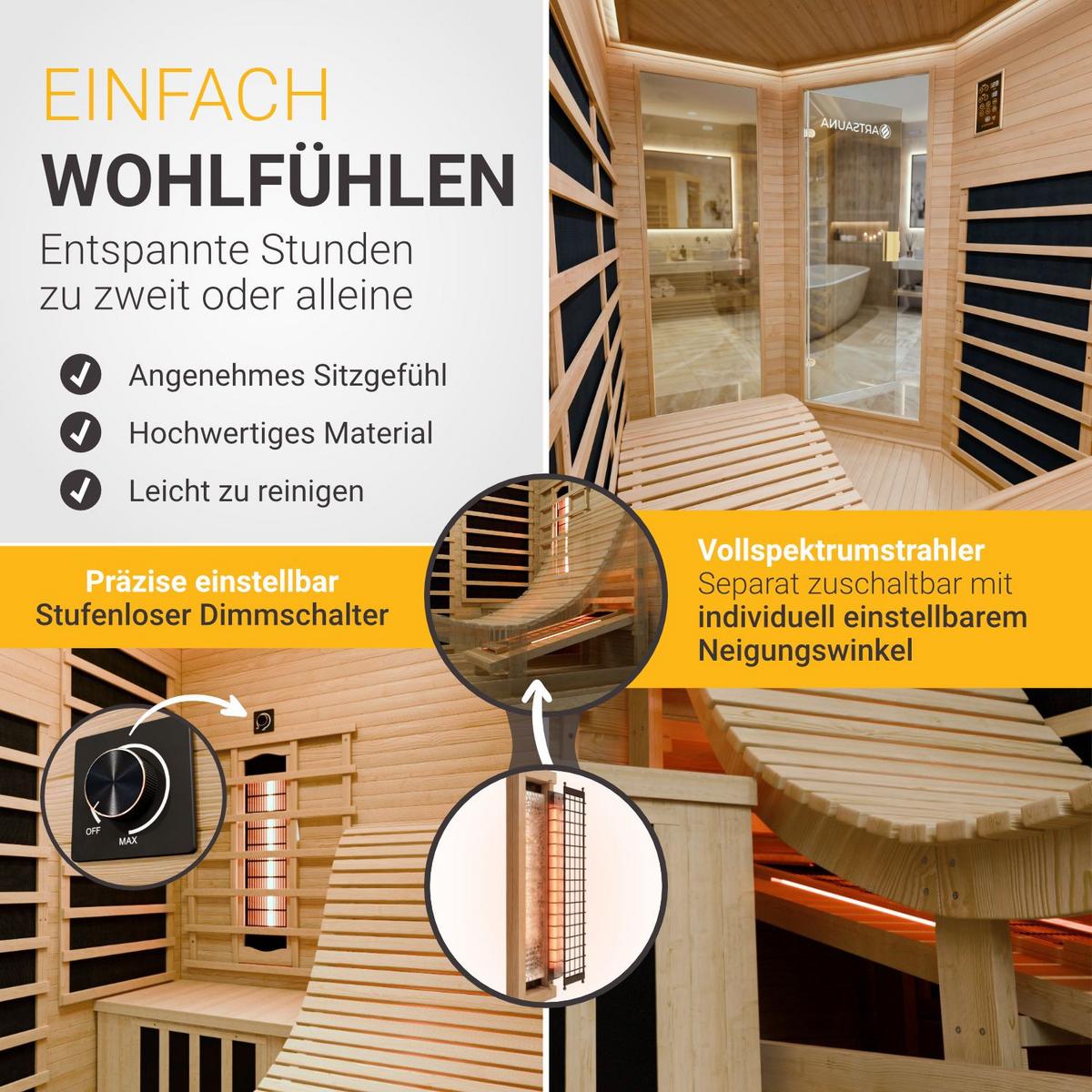 INFRAROTKABINE Esbjerg mit Triplex-Heizsystem & Hemlockholz - Naturfarben, Holz (130/190/190cm) - Artsauna