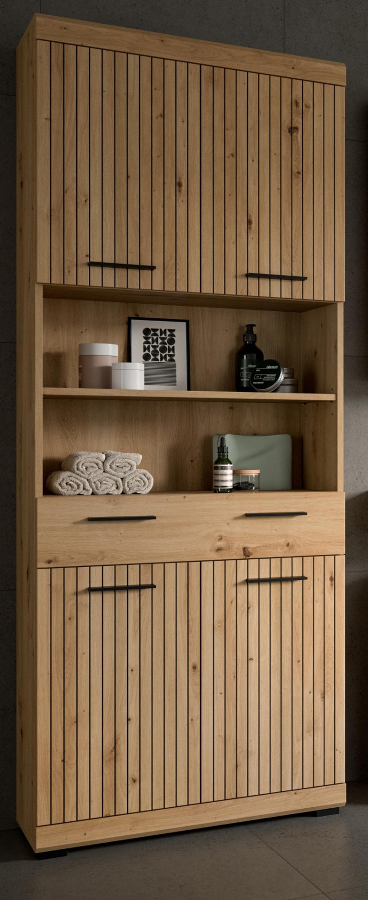 HOCHSCHRANK Eiche Artisan 74 x 191 cm, Badschrank in modernem Design - Schwarz/Eiche Artisan, Holzwerkstoff/Kunststoff (74/191/31cm) - Inn.Furn
