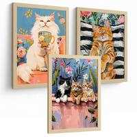 POSTER 3er Kunstdruck-Set Wandbilder Katzen modern Wohnzimmer Deko, Schlafzimmer, Küche, Badezimmer Leichter Holzrahmen A4 - Beige, Papier (29.7/1/21cm) - Nacnic