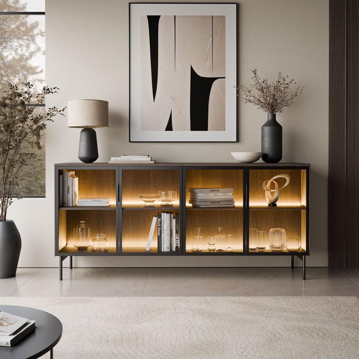 SIDEBOARD LINEA LOFT mit Glasfronten und LED-Beleuchtung Eiche + Schwarz - Eichefarben, Holzwerkstoff (181/83/39cm) - Lookway