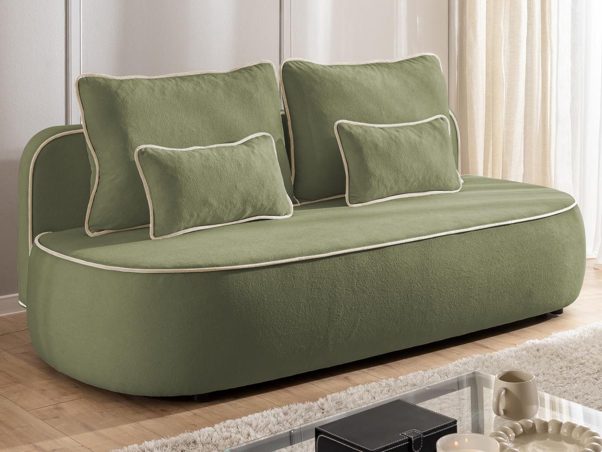 KINDERSOFA Vero im modernen und abgerundeten Design mit Schlaffunktion und Bettkasten aus Olivgrün Plüschstoff mit beiger Paspel - Schwarz/Olivgrün, Holz/Kunststoff (210/90/98cm) - S-Style Möbel