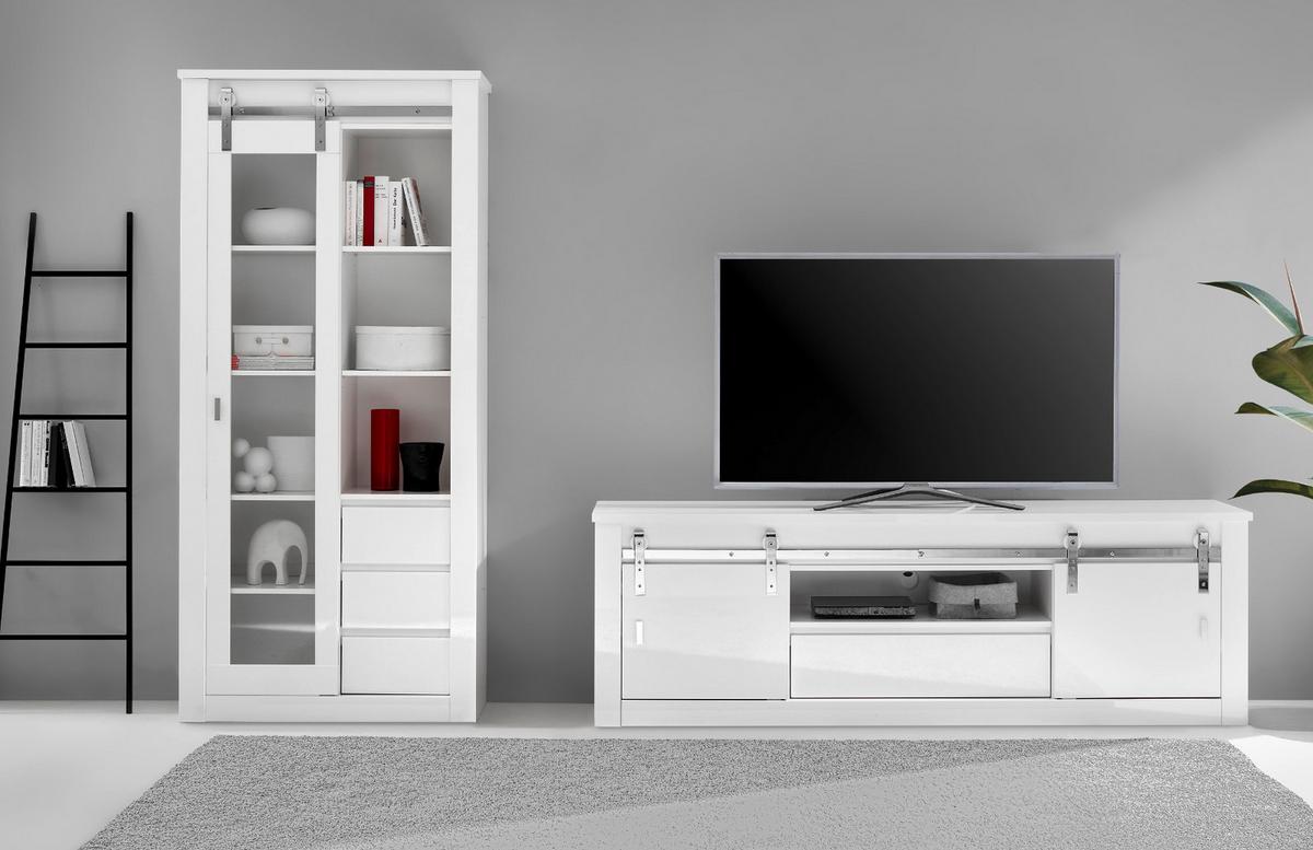 WOHNWAND weiß Hochglanz 2-teilig 309 x 201 cm, Wohnkombination mit Soft-Close - Chromfarben/Weiß Hochglanz, Glas/Holzwerkstoff (309/201/43cm) - Furn.Design
