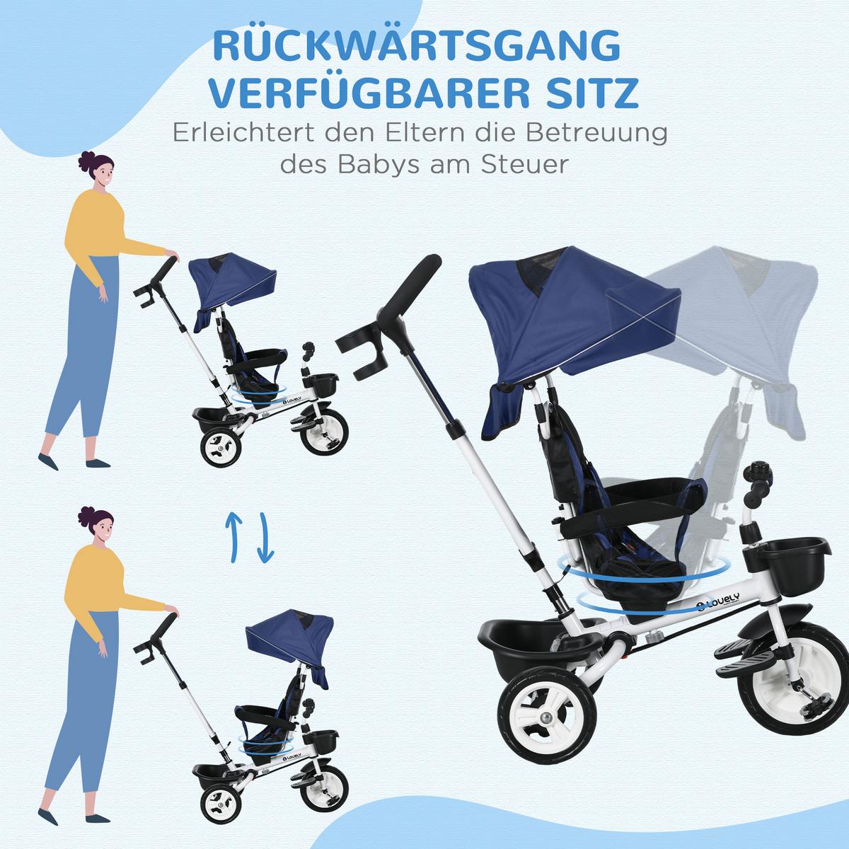 6 in 1 Dreirad mit Schubstange, Kinderdreirad mit Sicherheitsgurt, Sonnendach - Blau, Metall (112/50/104cm) - HOMCOM