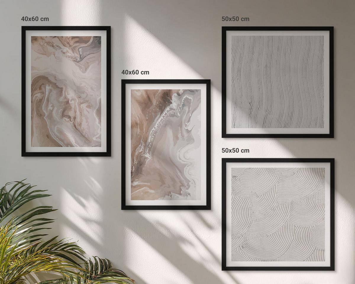 BILDER SET 4er Set - 50x50 cm & 40x60 cm Schwarzer Rahmen - Abstrakte Marmormuster aus Stein - Schwarz, Kunststoff (50/50cm) - TULUP