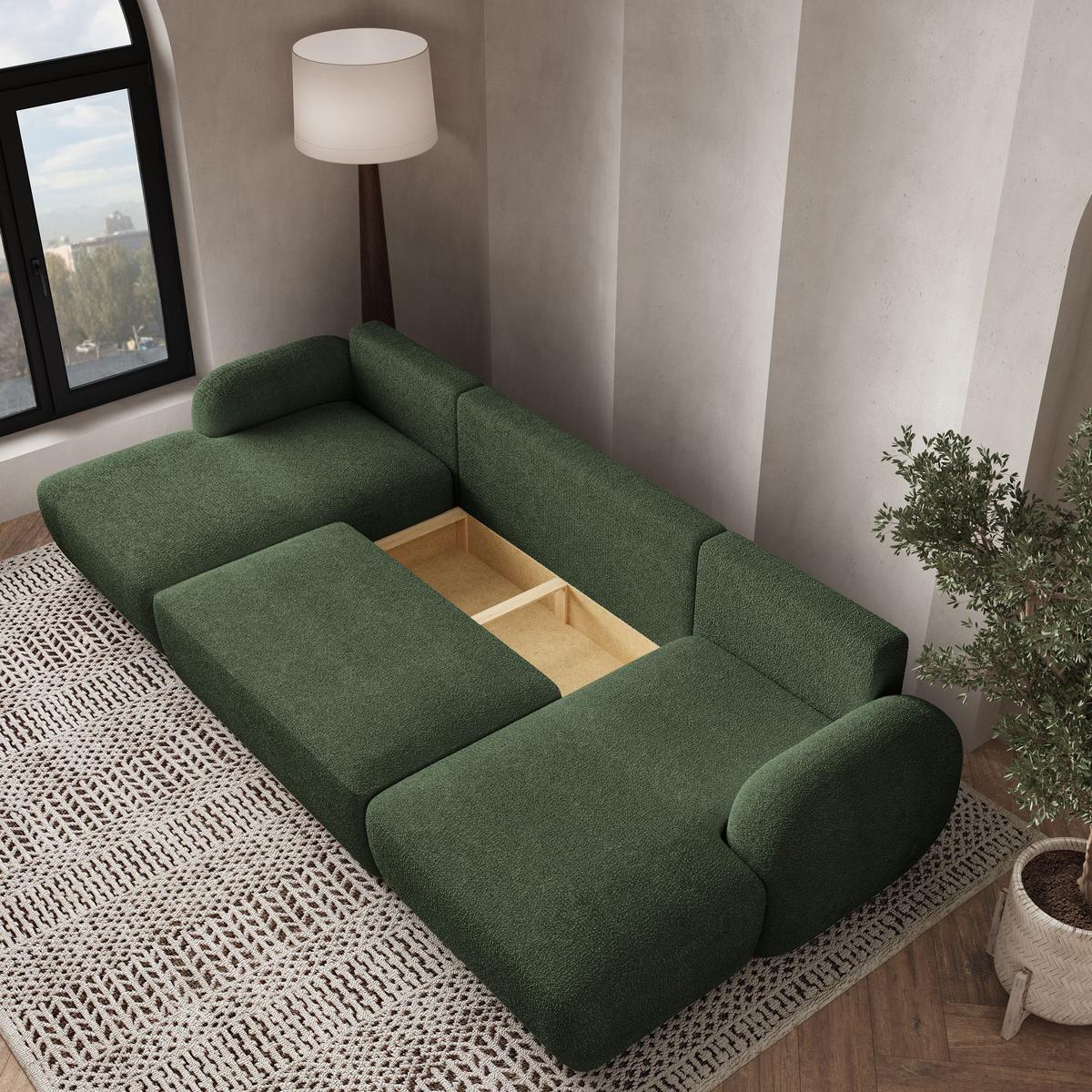 WOHNLANDSCHAFT SAVONA N Grün Boucle-Stoff mit Schlaffunktion - Schwarz/Grün, Holz/Kunststoff (320/90/148cm) - MASSENO