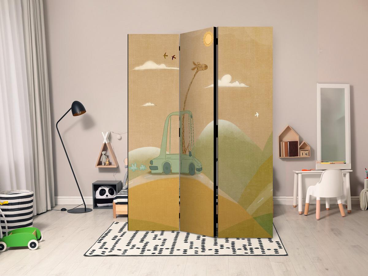PARAVENT Beidseitig Bedruckter 3-tlg 135x172 cm Giraffe Berge f r Kinder - Beige, Holz/Textil (135/172/3cm) - Muralo