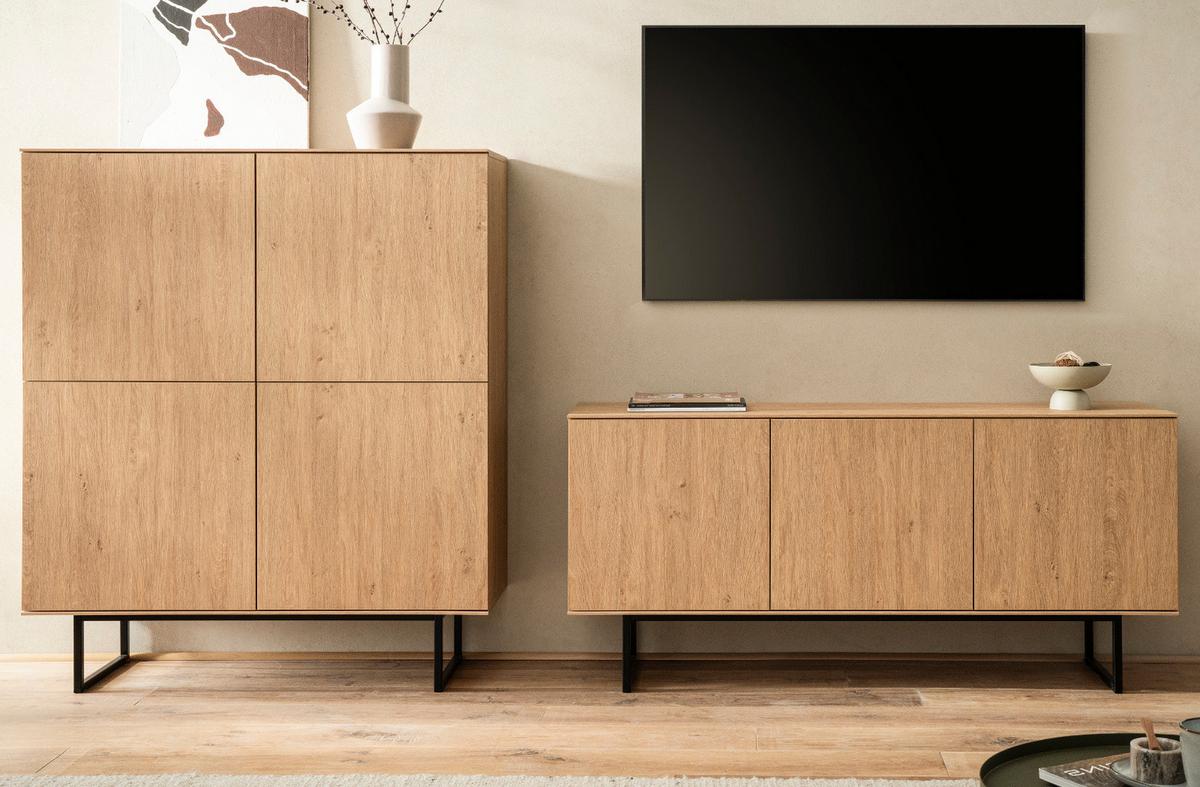 TV-LOWBOARD Stone Eiche 150 x 70 cm, Fernsehtisch mit Push-to-Open und Komforthöhe - Eichefarben/Schwarz, Holzwerkstoff/Metall (150/70/40cm) - Furn.Design