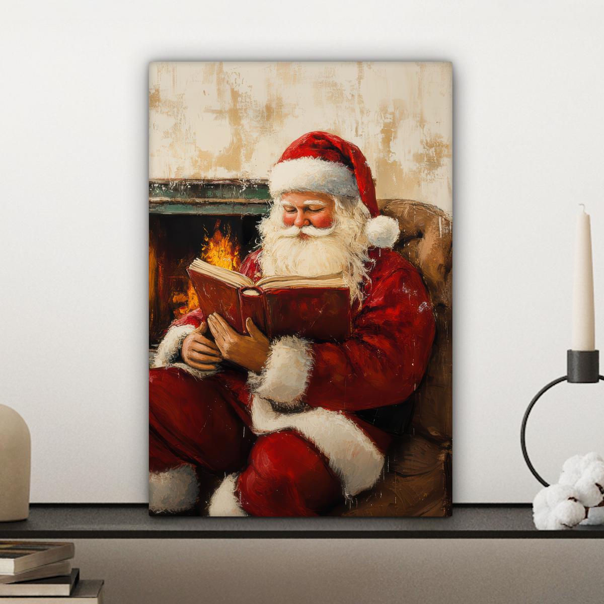 LEINWANDBILD Weihnachten - Weihnachtsmann - Winter - Open Fireside Deko Wohnzimmer 20x30 cm - Dunkelrot, Textil (20/30cm) - MuchoWow