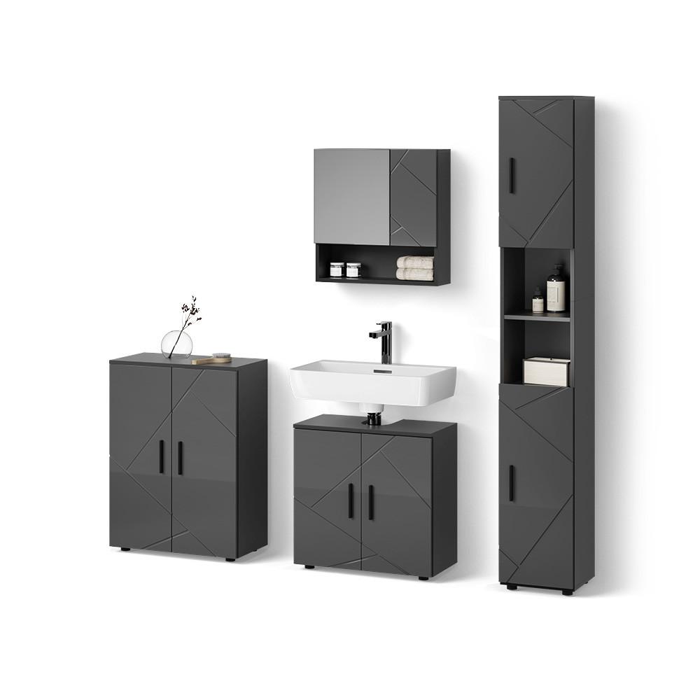 BADMÖBEL-SET Ronco Anthrazit Hochglanz 4 Teile, mit Hochschrank und Kommode - Schwarz Hochglanz, Holzwerkstoff (60/192/30cm) - Livinity®