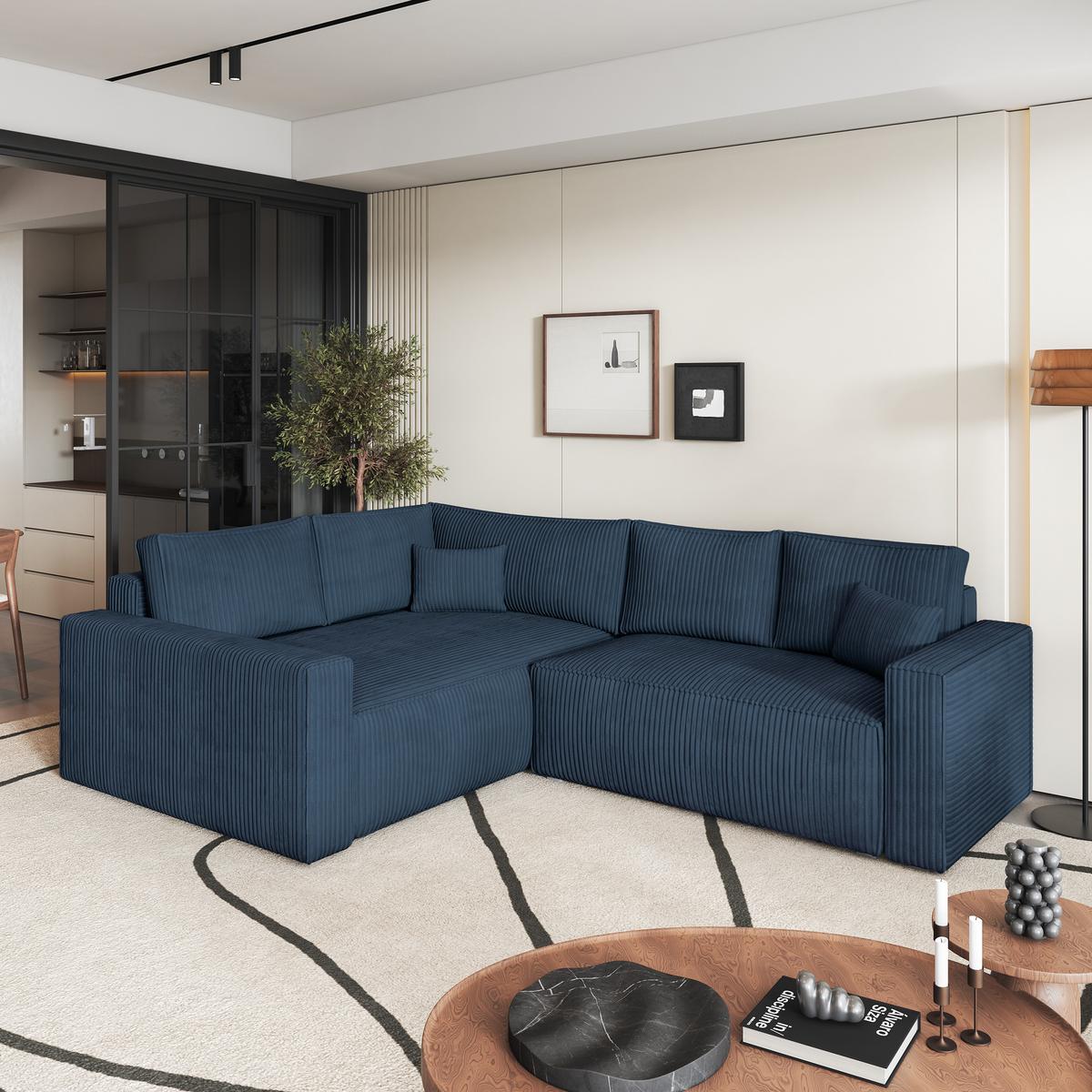 ECKSOFA ERONIS L-S Blau Kordstoff mit Schlaffunktion - Blau, Holz (265/194cm) - MASSENO