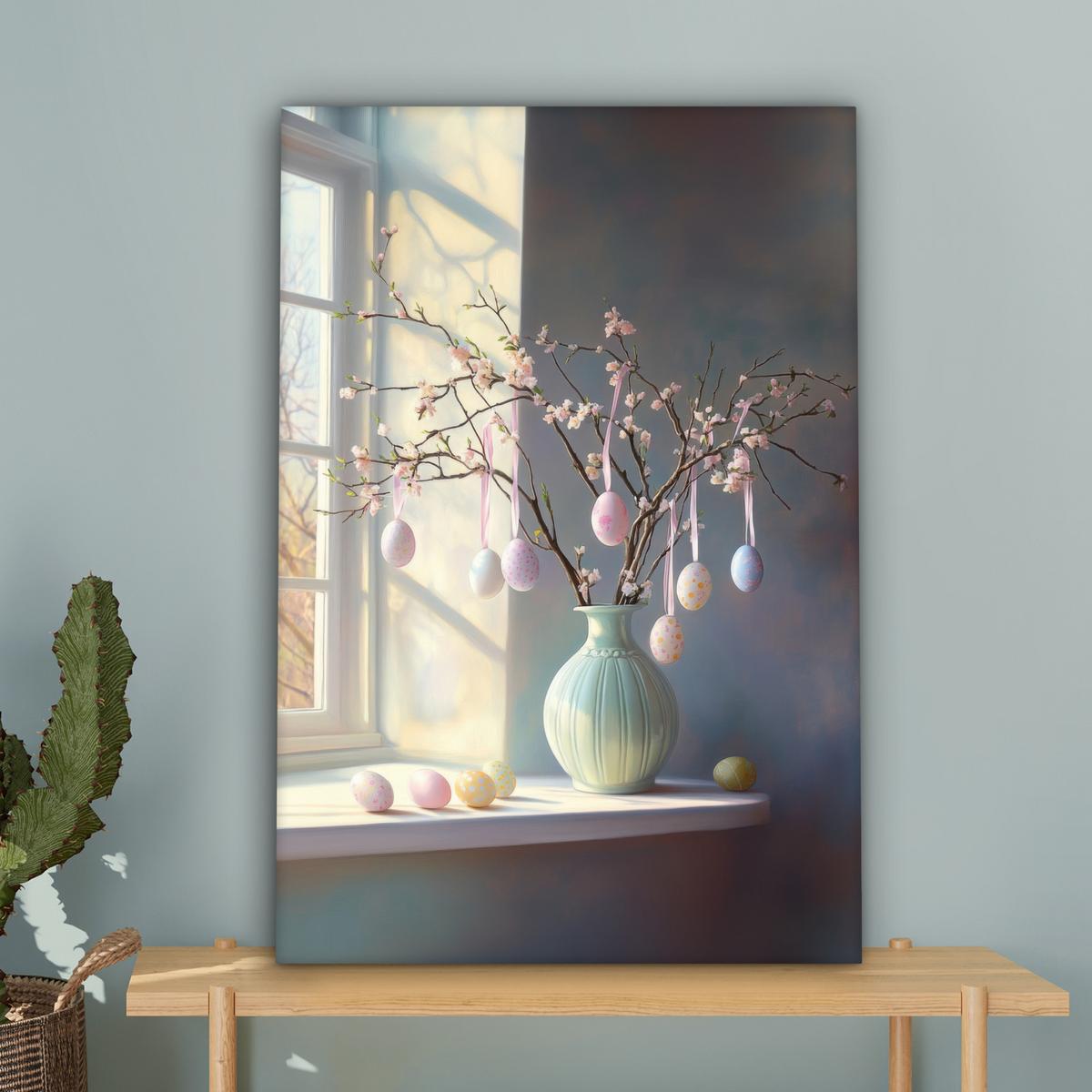 LEINWANDBILD Stillleben - Vase - Osterzweig Wanddeko 40x60 cm - Hellblau, Textil (40/60cm) - MuchoWow