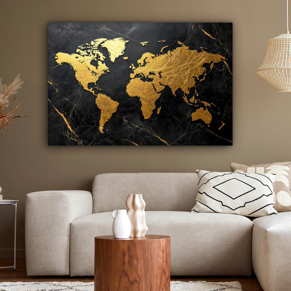 LEINWANDBILD Weltkarte - Gold - Marmor Groß 140x90 cm - Goldfarben, Textil (140/90cm) - MuchoWow