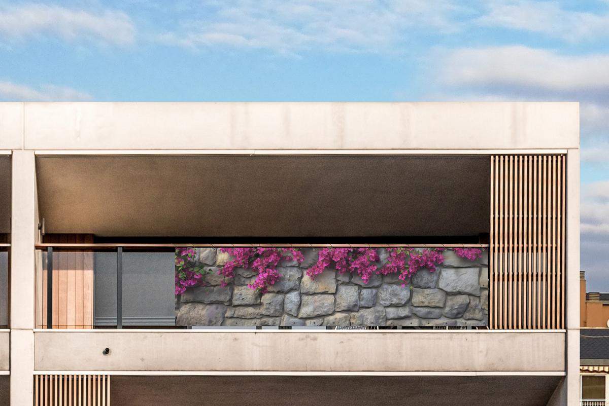 BALKON-SICHTSCHUTZ Bougainvillea - Steinmauer - Rosa Deko XXL 500x120 cm - Magenta, Kunststoff (500/120cm) - MuchoWow