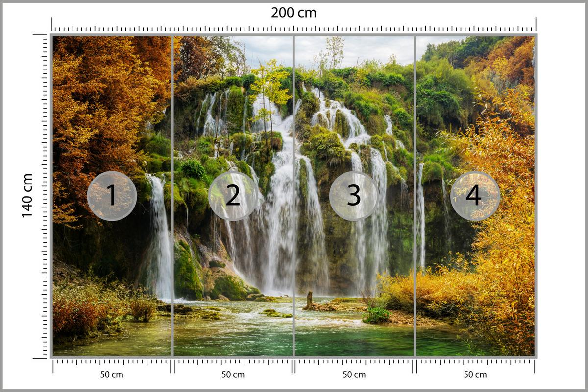 FOTOTAPETE für Esszimmer Exotischer Wasserfall Herbstbaum 200x140 - Gelb/Beige, Papier (200/140cm) - Muralo