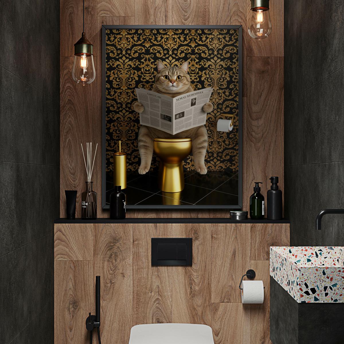 POSTER für Badezimmer WC KATZE auf Toilette mit Zeitung Glamour Abstraktion 30x40cm - Gelb/Beige, Papier (30/40/40cm) - Muralo