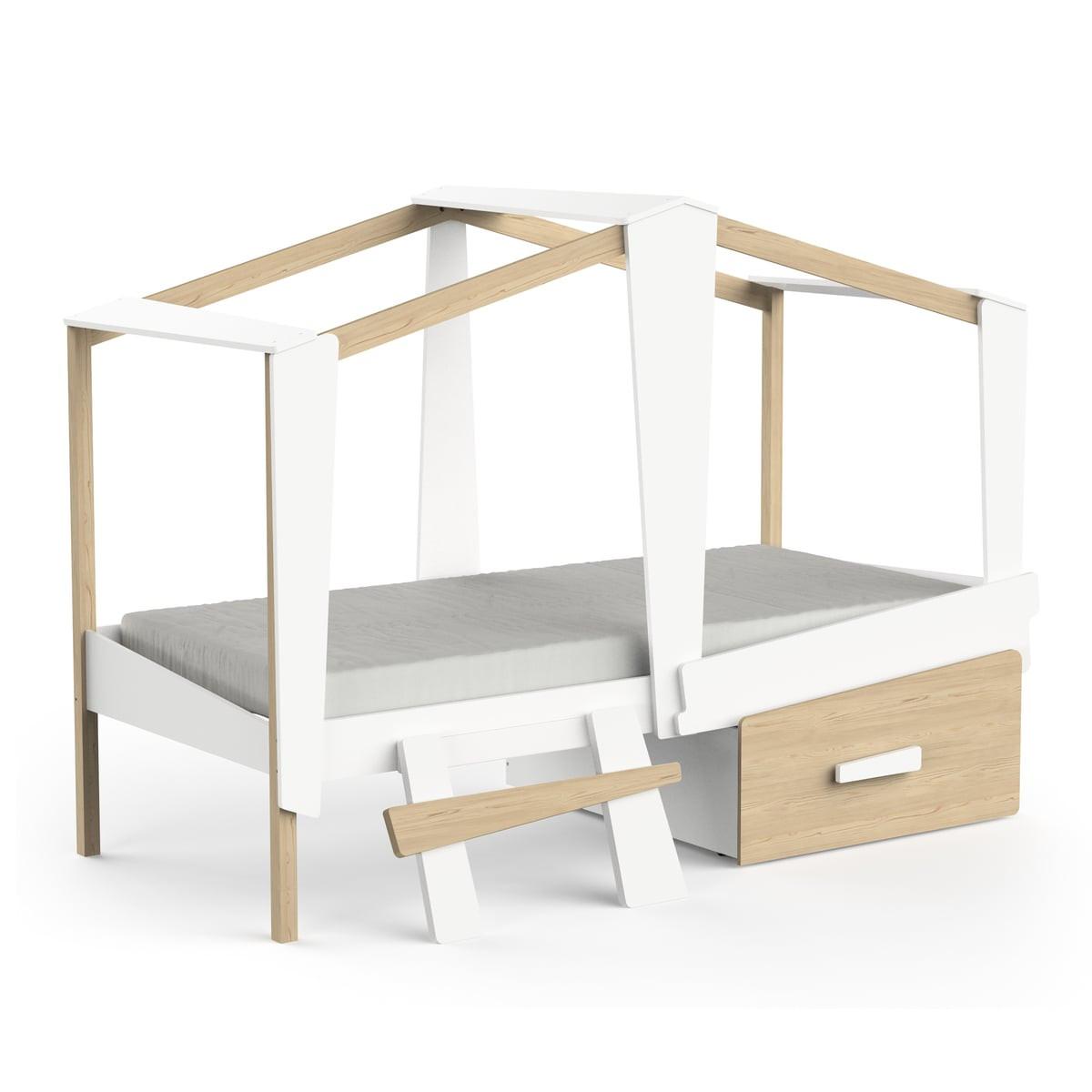 HAUSBETT 90x200 cm mit Schublade Weiß und Eichedekor - CABANE - Weiß, Holzwerkstoff (200/90cm) - Calicosy