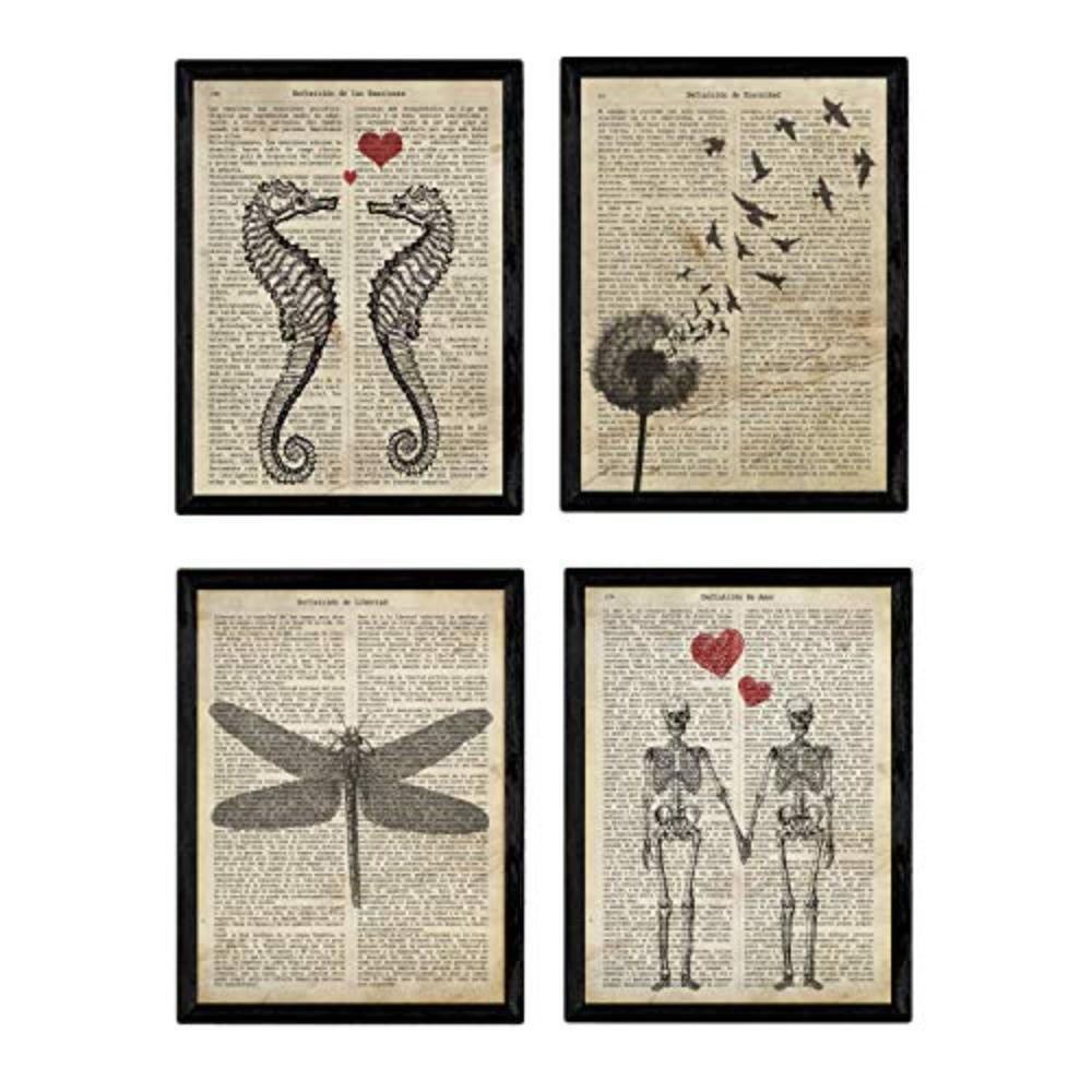 POSTER Set mit 4 Jahrgang Enzyklopädie A4 Schwarzer Rahmen - Schwarz, Papier (29.7/3cm) - Nacnic