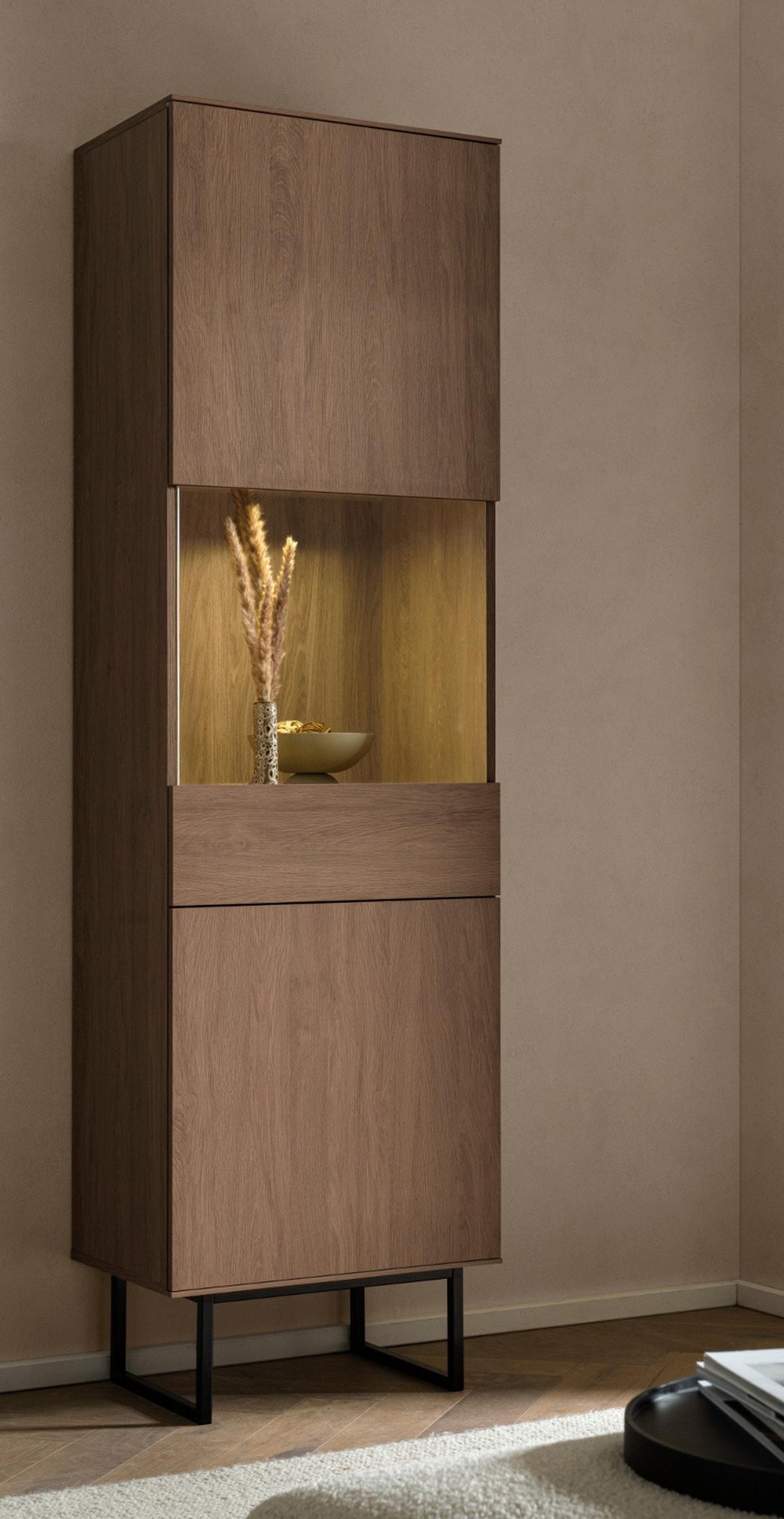 VITRINE in Nussbaum 58 x 200 cm, Vitrinenschrank mit Push-to-Open - Nussbaumfarben/Schwarz, Glas/Holzwerkstoff (58/200/40cm) - Furn.Design