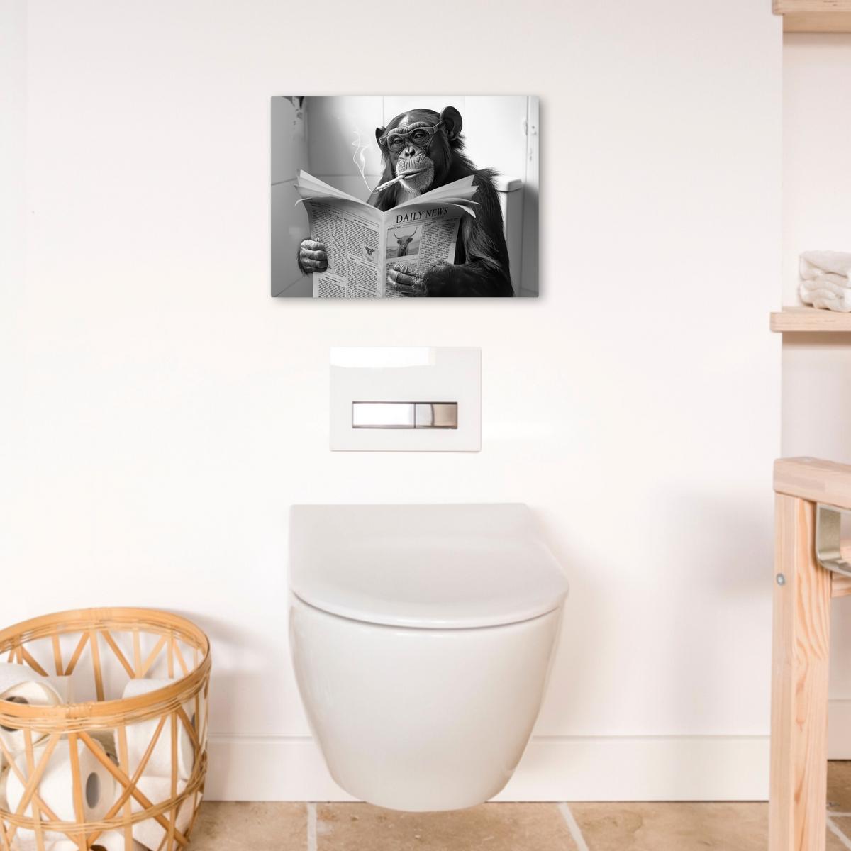 LEINWANDBILD Affe - WC - Zeitung - Schwarz-Weiß - Humor Wandbild 40x30 cm - Hellgrau, Textil (40/30cm) - MuchoWow