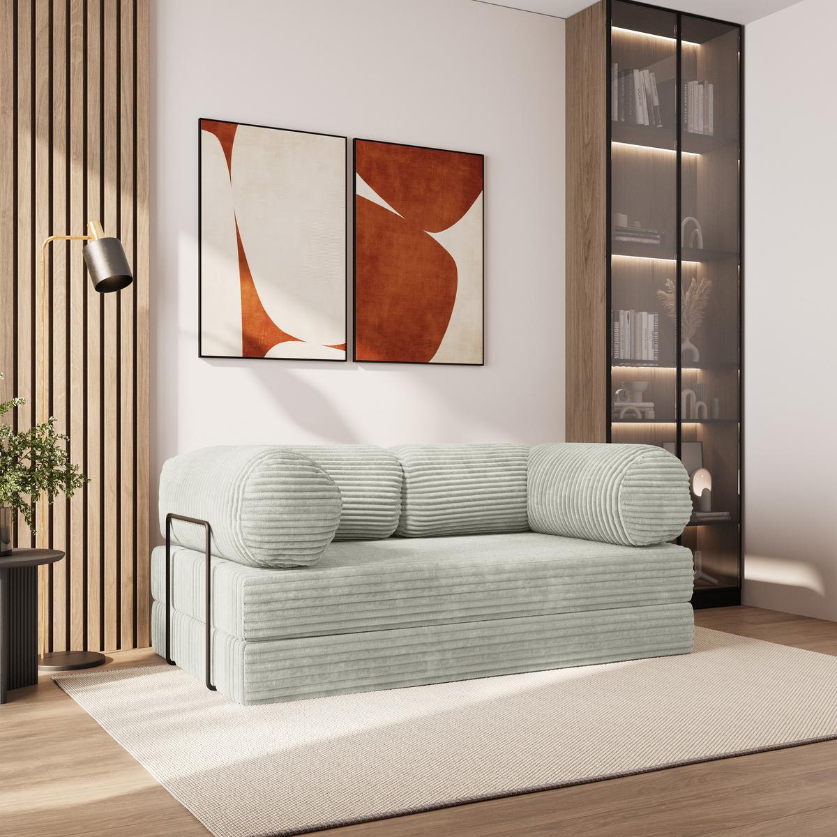 BETTSOFA ALVIO aus Schaumstoff Kordstoff Hellgrau Schlaffunktion - Hellgrau, Textil (170/68/80cm) - MASSENO