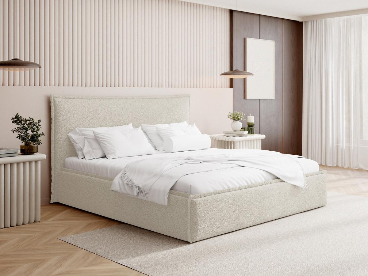 POLSTERBETT Pillow mit Bettkasten, Metall-Lattenrost und hohem Kopfteil - Creme-Bouclé 140x200 cm - Birkefarben/Creme, Holz/Kunststoff (140/200cm) - WFL GROUP