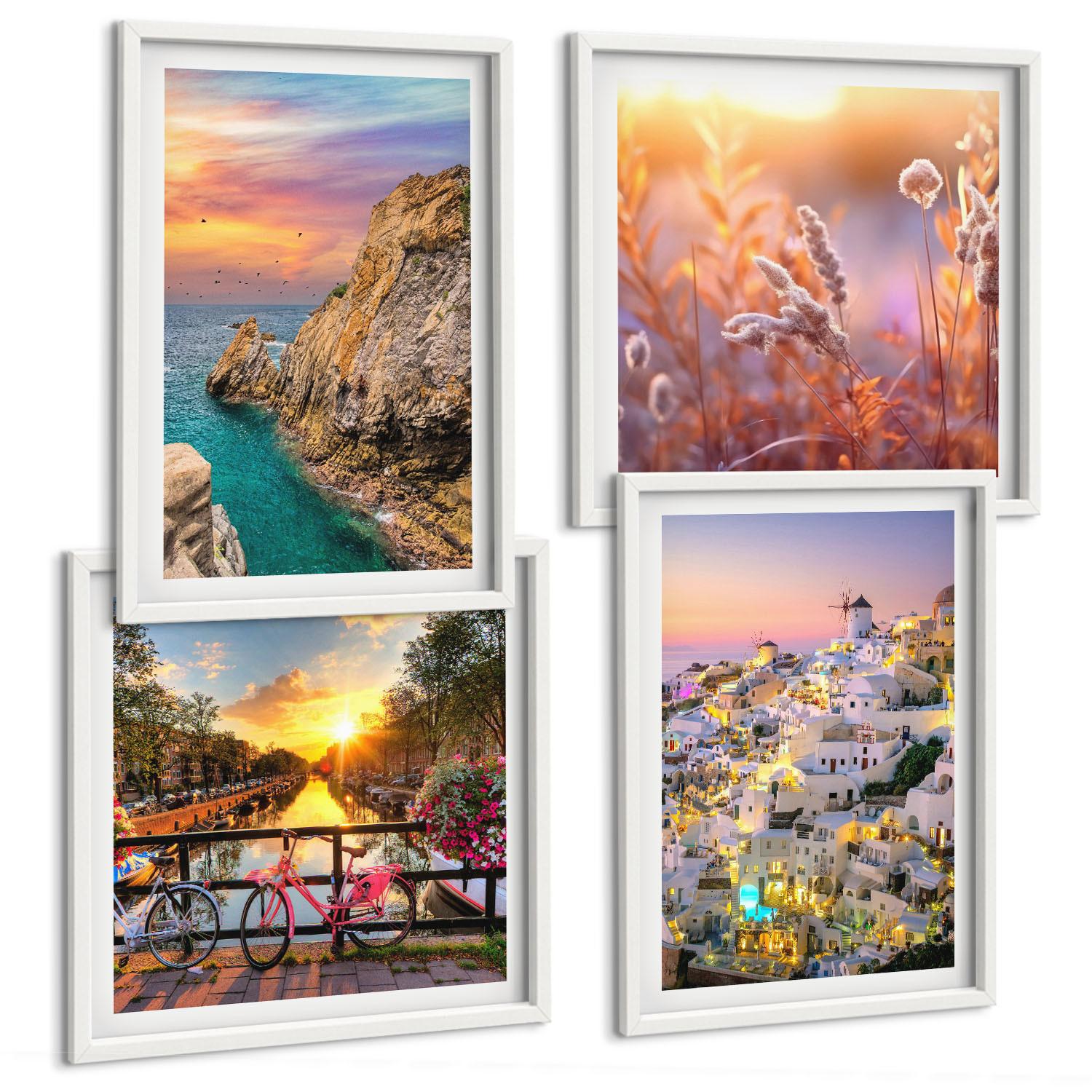 BILDER SET 4er Set - 50x50 cm & 40x60 cm Weißer Rahmen - Sonnenuntergänge am Meer - Weiß, Kunststoff (50/50cm) - TULUP