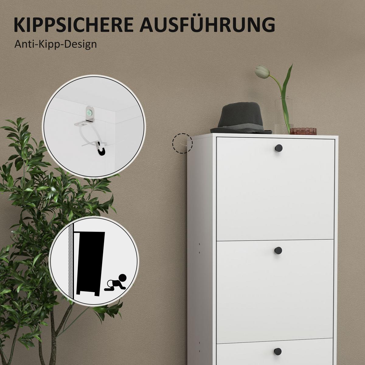SCHUHSCHRANK mit 3 Klappen, 47 x 28 x 115 cm, Weiß - Weiß, Holzwerkstoff (28/115/47cm) - HOMCOM