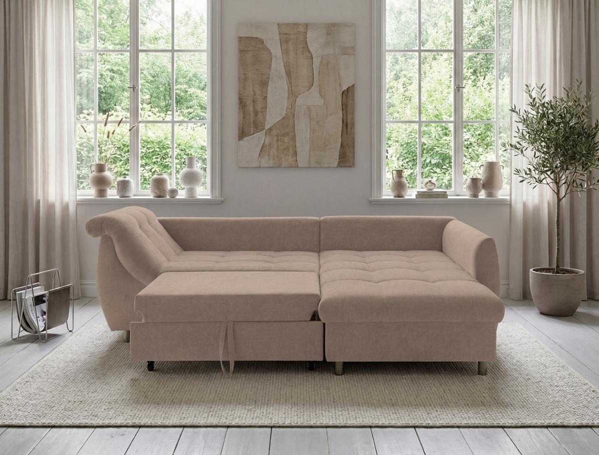 ECKSOFA mit Schlaffunktion, Wellenunterfederung, Ottomane rechts B250/T190/H84 cm, Liegefl. 179x190 cm, Mikrofaser Hellbraun / 17011 - Hellbraun/Chromfarben, Textil/Metall (250/190cm) - luma-home