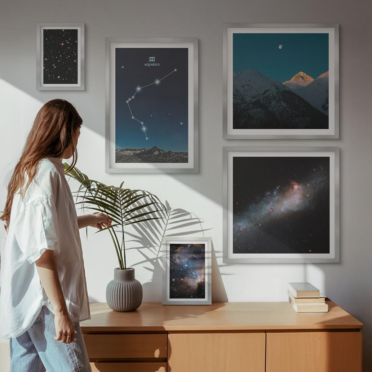 BILDER SET 5er Set - 50x50 cm & 20x30 cm & 40x60 cm Silberner Rahmen - Galaxienraum Wassermann-Berge - Silberfarben, Kunststoff (40/60cm) - TULUP