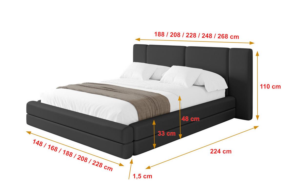 POLSTERBETT mit Bettkasten und Lattenrost, Bett mit Matratze H3/H4 - TEVO 140x200 Schwarz - Schwarz Hochglanz, Holzwerkstoff/Textil (140/200cm) - ALTDECOR