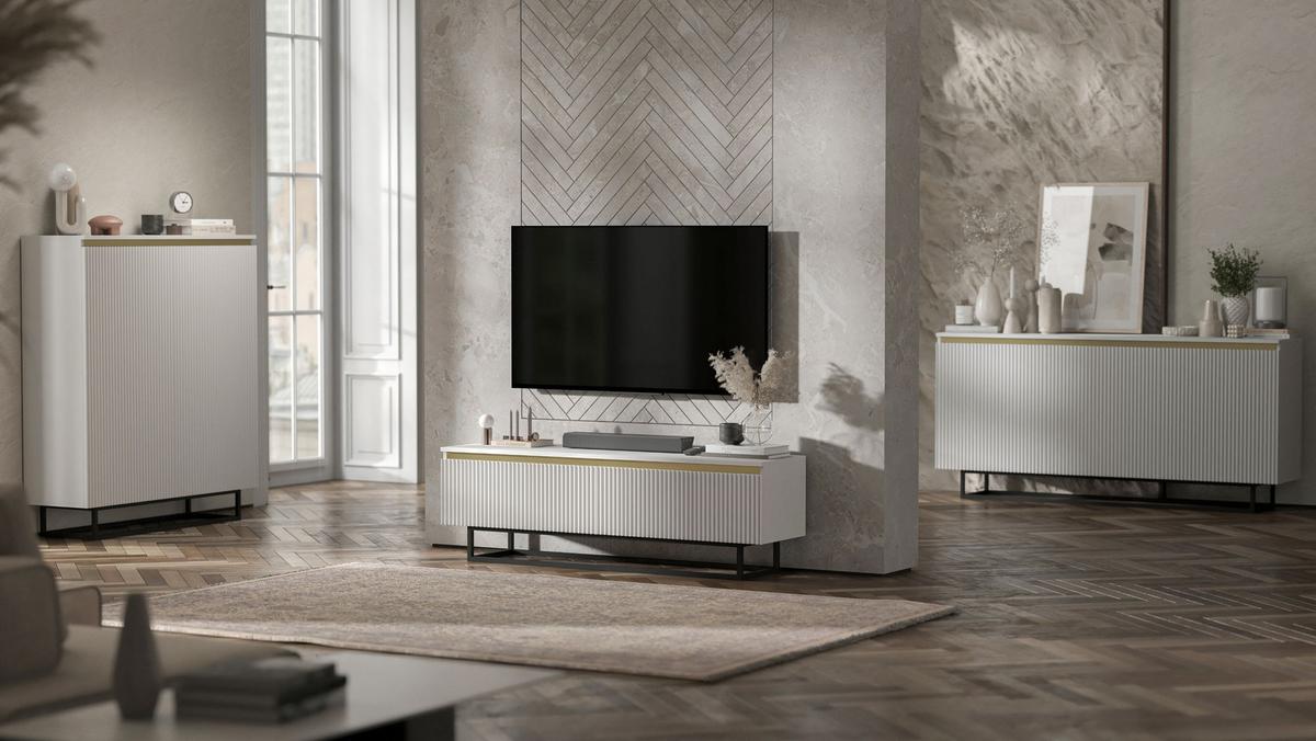 HIGHBOARD Selene 2D Weiß Matt 111 cm - Schwarz/Weiß, Holzwerkstoff/Metall (111/125/35cm) - Meble Lindner
