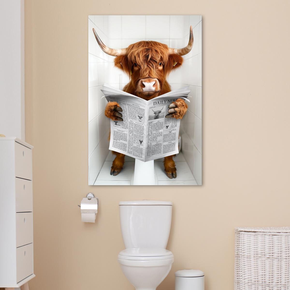 LEINWANDBILD Schottischer Highlander - Tier - Zeitung - Toilette Deko XXL 80x120 cm - Kastanienfarben, Textil (80/120cm) - MuchoWow