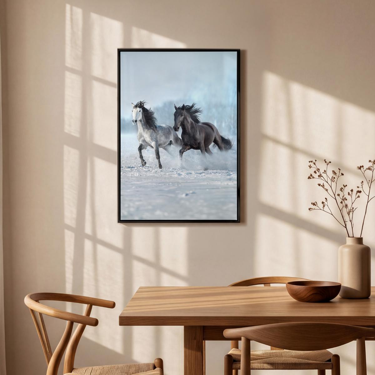LEINWAND Bilder mit Rahmen - Pferde - Winter - Tiere - Natur - Schnee - 60x90 - Anthrazit, Textil (60/90cm) - MuchoWow