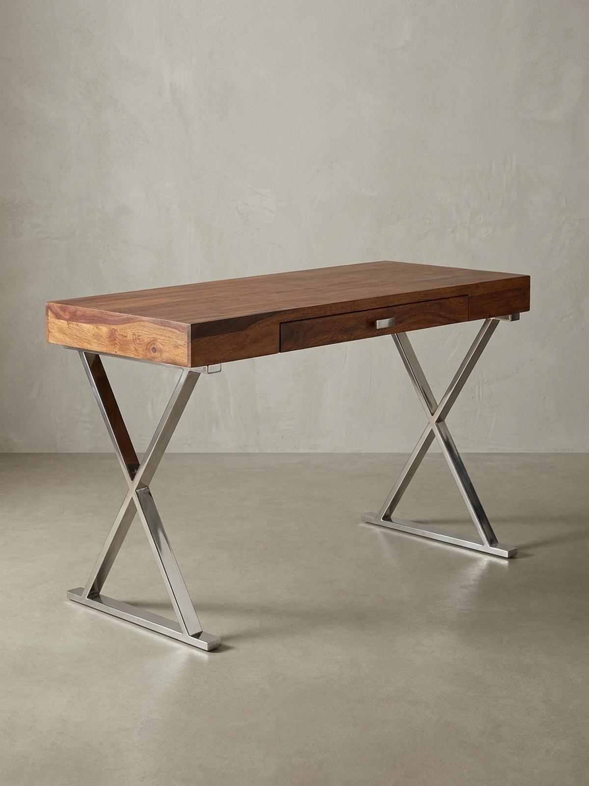 SCHREIBTISCH Massivholz X-Gestell Schublade, Silber 120x55x78 cm - Silberfarben, Holz/Metall (55/120/78cm) - KADIMA DESIGN
