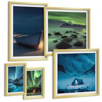 BILDER SET 5er Set - 50x50 cm & 20x30 cm & 40x60 cm Goldrahmen - Winterlandschaften, Nordlichter, Berge - Goldfarben, Kunststoff (40/60cm) - TULUP