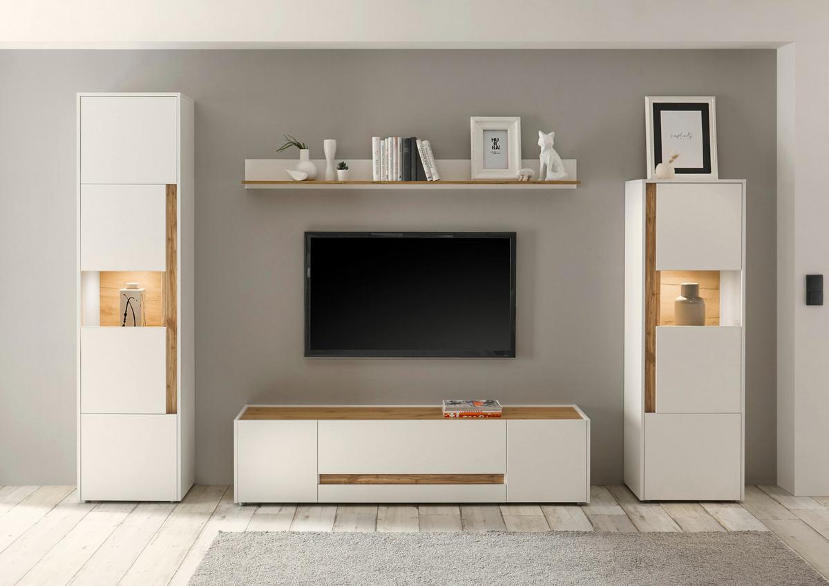 WOHNWAND weiß, Eiche Wotan 4-teilig 310 cm, Wohnkombination modern - Eiche Wotan/Schwarz, Glas/Holz (310/197/45cm) - Furn.Design
