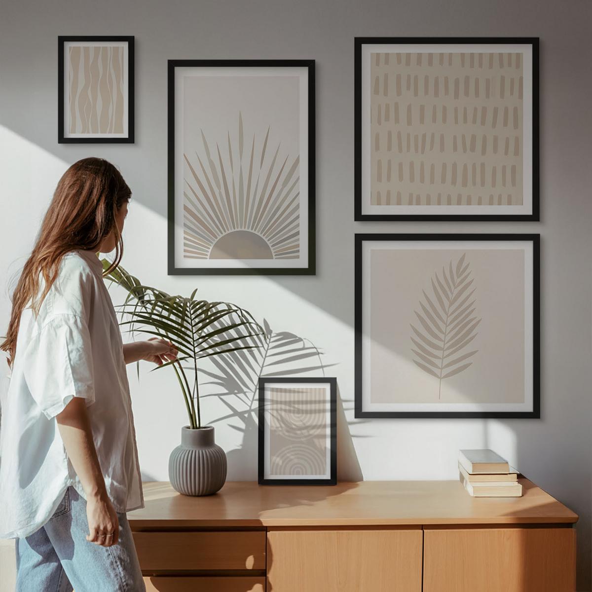 BILDER SET 5er Set - 50x50 cm & 20x30 cm & 40x60 cm Schwarzer Rahmen - Beige Pflanzenmuster - Schwarz, Kunststoff (40/60cm) - TULUP