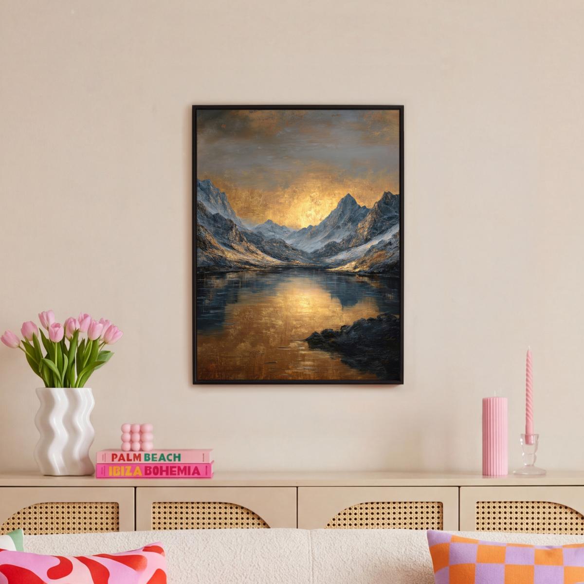 LEINWAND Bilder mit Rahmen - Bergkulisse mit goldenem Sonnenuntergang - 60x80 - Goldfarben, Textil (60/80cm) - MuchoWow