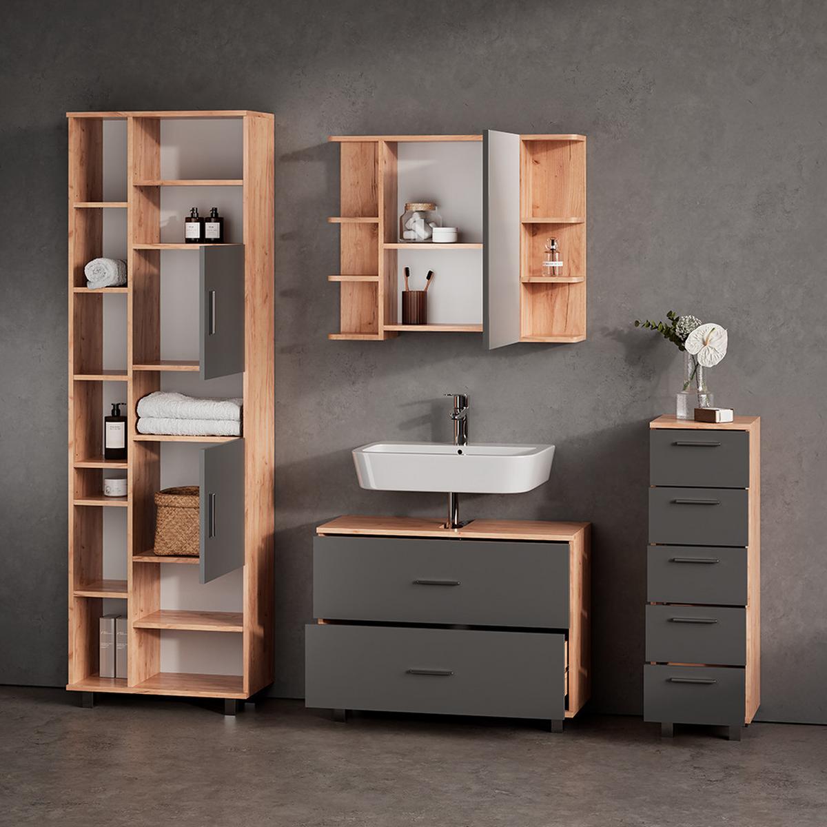 BADMÖBEL-SET Eisak Eiche 4 Teile, mit Hochschrank - Eichefarben, Holzwerkstoff (80/60/33cm) - Livinity®