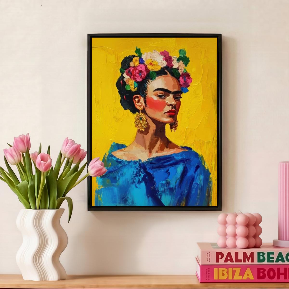 LEINWAND Bilder mit Rahmen - Frida Kahlo - Frau - Gelb - Blau - Blumen - 30x40 - Gelb, Textil (30/40cm) - MuchoWow