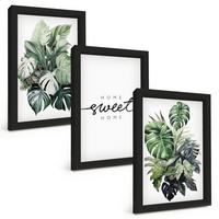 BILDER SET 3er Set - 20x30 cm Schwarzer Rahmen - Pflanzen mit der Aufschrift „Sweet Home“ - Schwarz, Kunststoff (20/30cm) - TULUP
