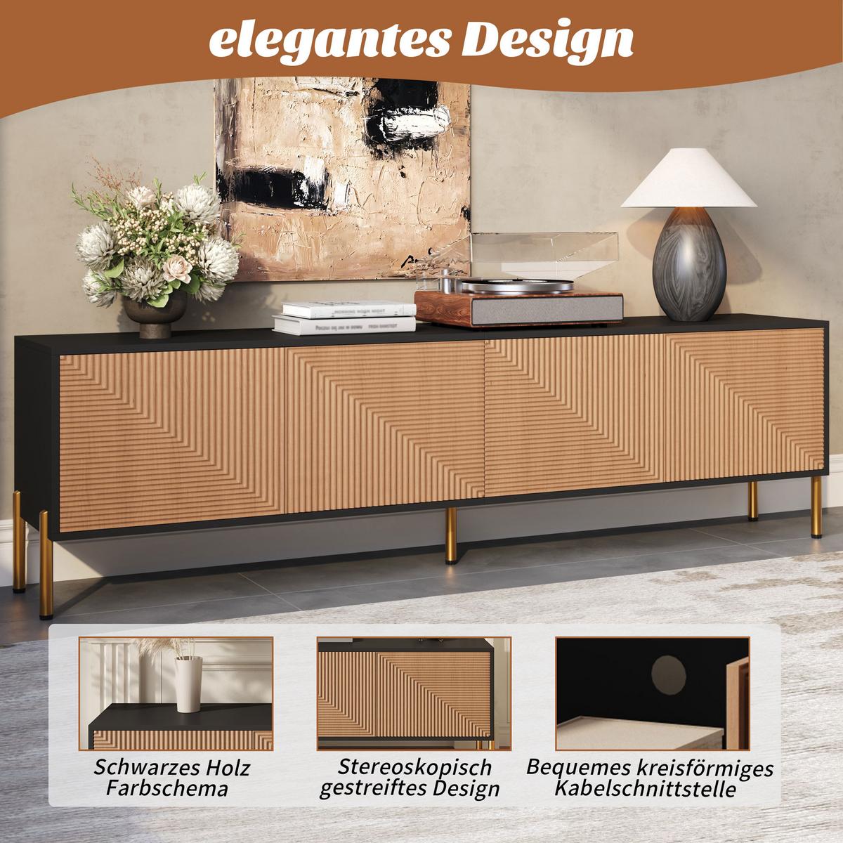 TV-LOWBOARD Schwarz Natur mit 3D-Muster 4 Türen & Goldfüßen 179cm - Naturfarben, Holzwerkstoff (179/53.5/35cm) - Urban Meuble