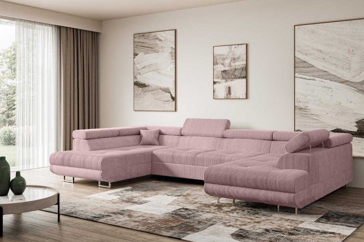 WOHNLANDSCHAFT mit Schlaffunktion und Bettkasten GUSA-U 342x202x107 cm Rosa Cord - Silberfarben/Rosa, Holzwerkstoff/Textil (342/107/202cm) - ALTDECOR