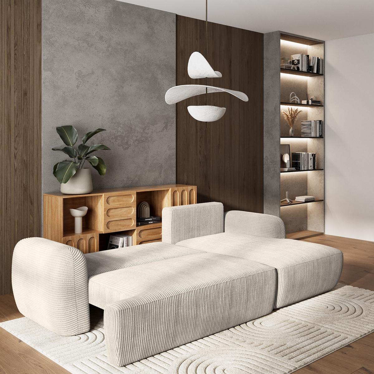 ECKSOFA MODENZA P R-S Creme Kordstoff mit Schlaffunktion - Creme/Schwarz, Holz/Kunststoff (266/148cm) - MASSENO