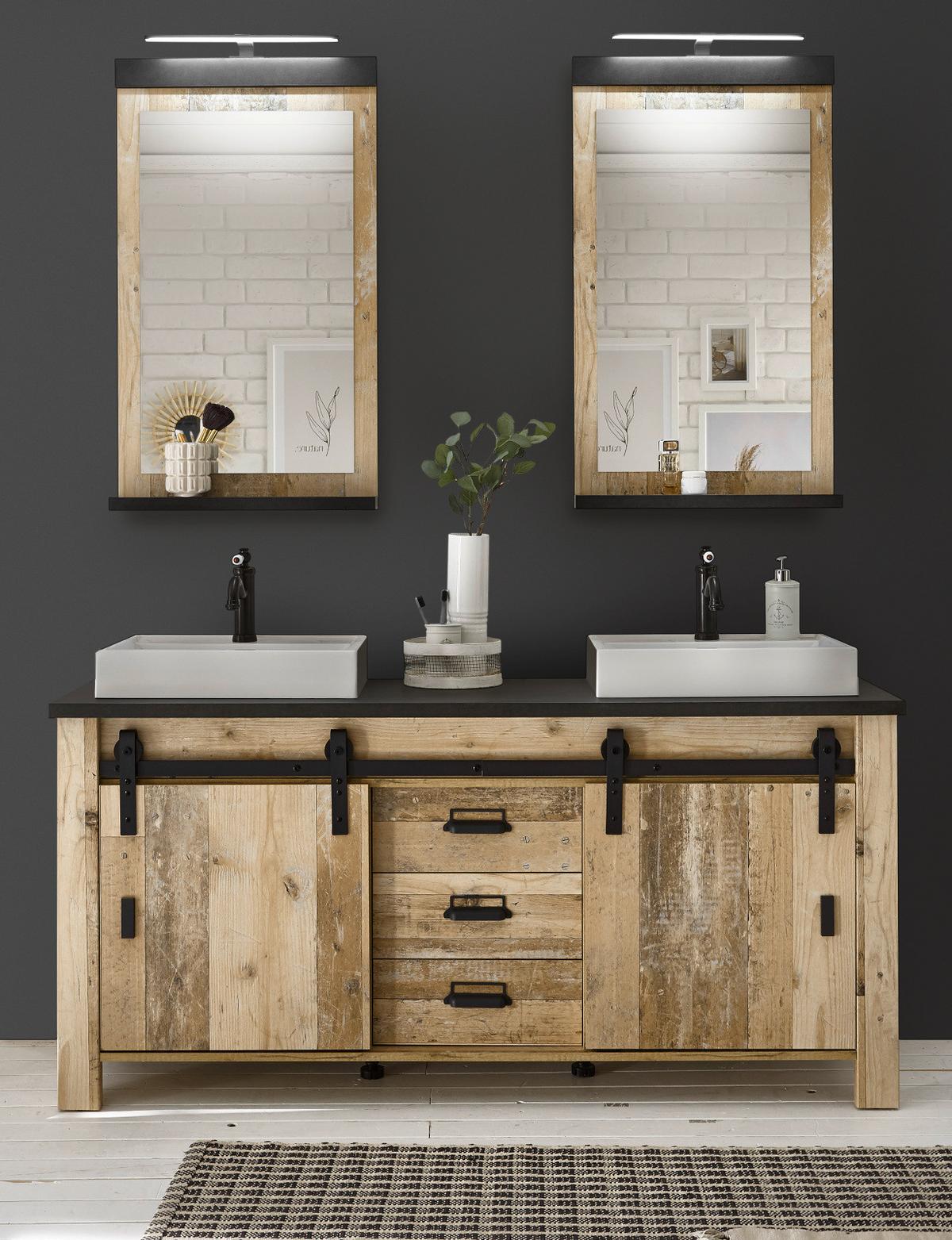 BADMÖBEL-SET Used Wood hell, anthrazit, Doppelwaschtisch mit Waschbecken LED Spiegellampe Stove - Eichefarben/Anthrazit, Holzwerkstoff/Metall (163/210/43cm) - Furn.Design