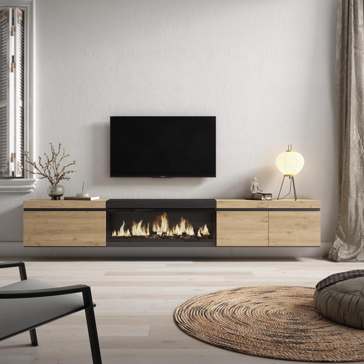 LOWBOARD, mit Elektrokamin XXL, Hängend, Eiche, Schwarz, 288/35/45cm - Eichefarben/Beige, Holzwerkstoff (288/45/35cm) - Skraut Home