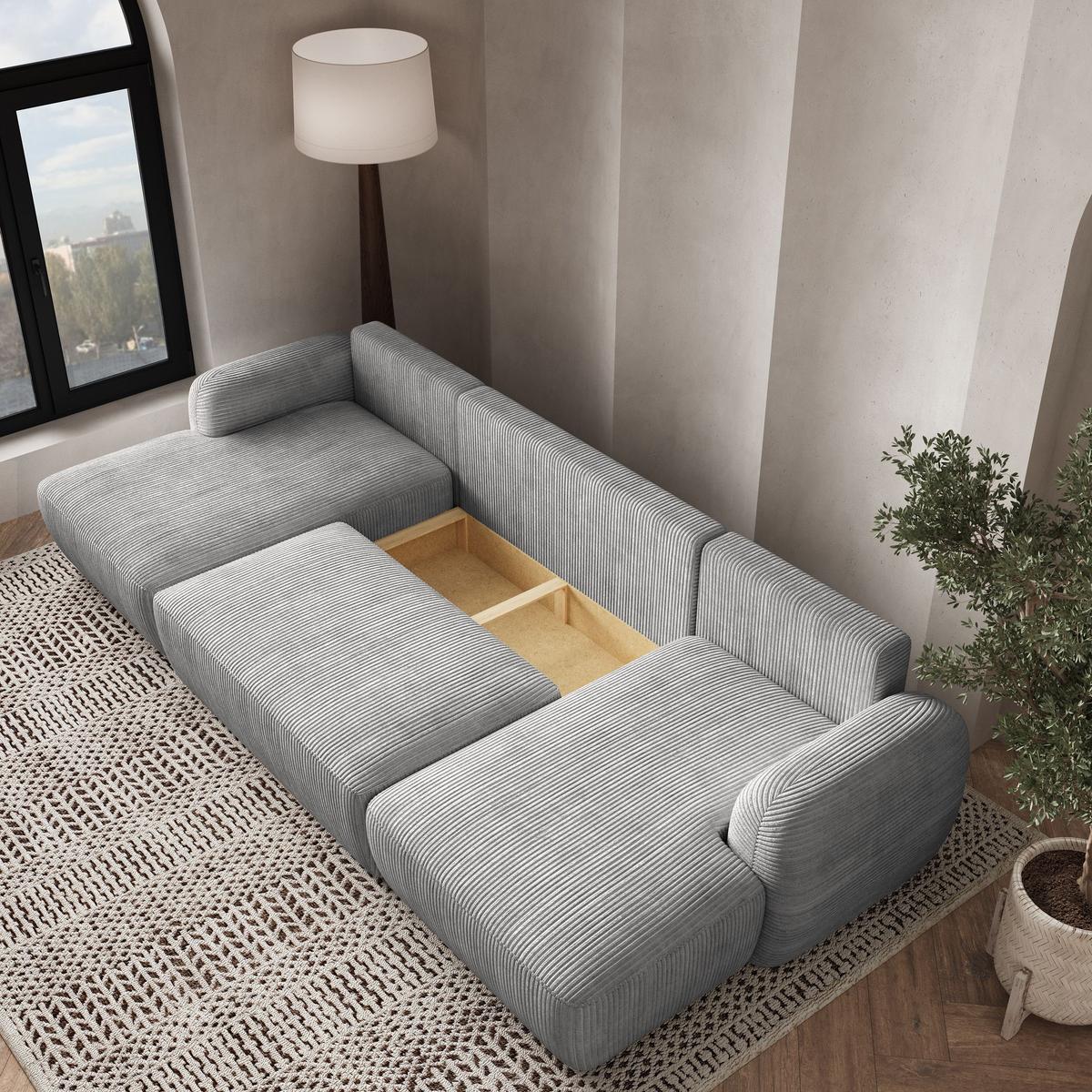 WOHNLANDSCHAFT SAVONA P Hellgrau Kordstoff mit Schlaffunktion - Hellgrau/Schwarz, Holz/Kunststoff (320/90/148cm) - MASSENO