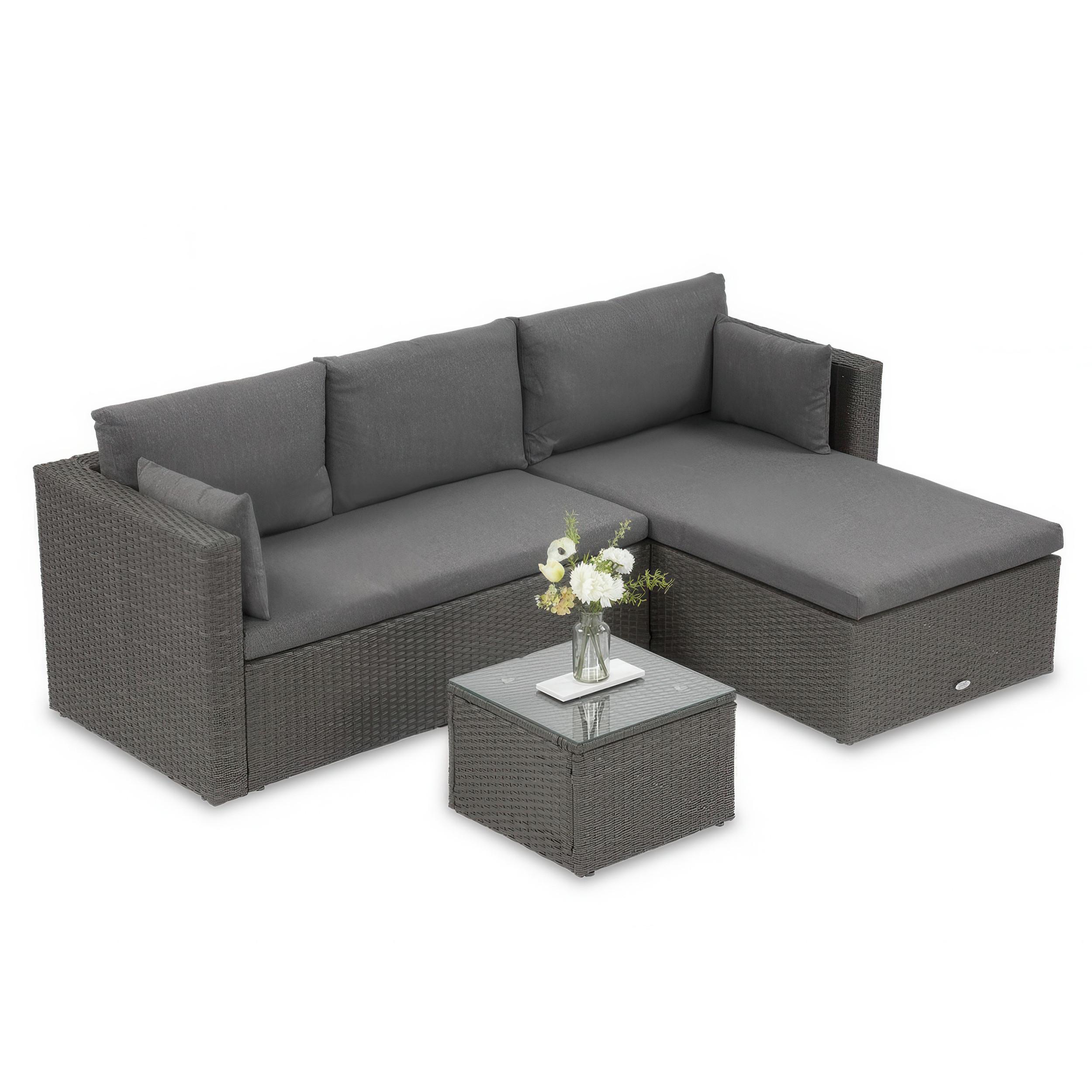 GARTENSET Sevilla, aus Technorattan, Ecksofa mit Couchtisch, Graphitfarben - Graphitfarben, Kunststoff - Beautysofa